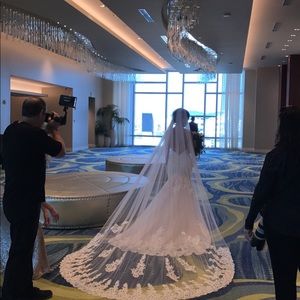 Mori Lee wedding gown and cathedral veil
